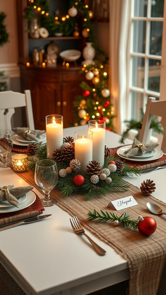 DIY Creative Christmas Table Decorations A festive Christmas table setting with DIY decorations, including pinecones, candles, and personalized place cards.